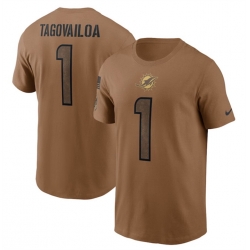 Men Miami Dolphins 1 Tua Tagovailoa 2023 Brown Salute To Service Name Number T Shirt