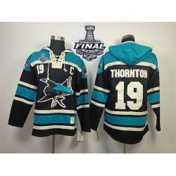 Men San Jose Sharks 19 Joe Thornton Black Sawyer Hooded Sweatshirt 2016 Stanley Cup Final Patch Stitched NHL Jersey