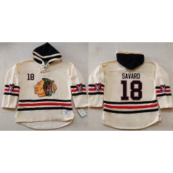 Men Chicago Blackhawks 18 Denis Savard Cream Heavyweight Pullover Hoodie Stitched NHL Jersey