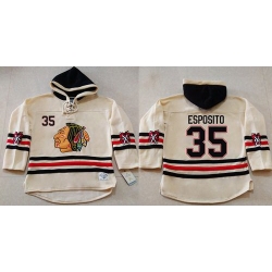 Men Chicago Blackhawks 35 Tony Esposito Cream Heavyweight Pullover Hoodie Stitched NHL Jersey