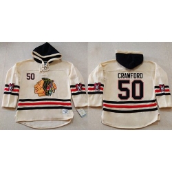 Men Chicago Blackhawks 50 Corey Crawford Cream Heavyweight Pullover Hoodie Stitched NHL Jersey