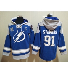 Men's Tampa Bay Lightning #91 Steven Stamkos Blue Ageless Must-Have Lace-Up Pullover Hoodie