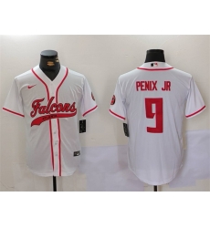 Men Atlanta Falcons  9 Michael Penix Jr  White With Patch Cool Base Stitched Baseball Jersey