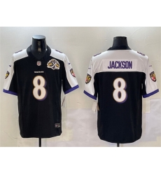 Men Baltimore Ravens 8 Lamar Jackson Black White 2023 F U S E With Patch Throwback Vapor Limited Jersey