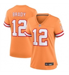 Women Tampa Bay Buccanee 12 Tom Brady Orange Throwback Limited Stitched Jersey  Run Small