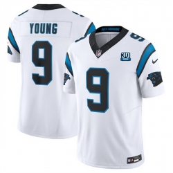 Men Carolina Panthers 9 Bryce Young White 2024 30th Anniversary Patch F U S E  Vapor Limited Stitched Football Jersey