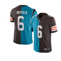 Men Carolina Panthers Cleveland Browns 6 Baker Mayfield Splite Blue Brown Vapor Untouchable Limited Stitched Jersey