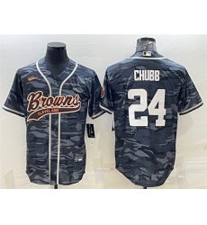 Men Cleveland Browns 24 Nick Chubb Grey Camo With Patch Cool Base Stitched Baseball Jersey