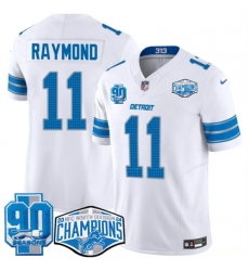 Men Detroit Lions 11 Kalif Raymond White 2024 NFC North Champions 90th Anniversary Patch F U S E  Vapor Limited Stitched Jersey