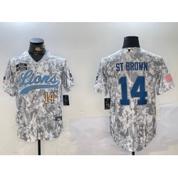 Men Detroit Lions 14 Amon Ra St Brown 2024 Arctic Camo Salute To Service Stitched Baseball Jersey 2