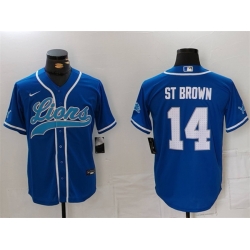 Men Detroit Lions 14 Amon Ra St  Brown Blue Cool Base Stitched Baseball Jersey