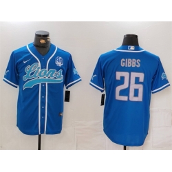 Men Detroit Lions 26 Jahmyr Gibbs Blue With 90th Anniversary Patch Cool Base Stitched Baseball Jersey