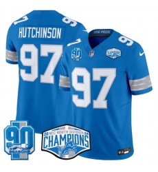 Men Detroit Lions 97 Aidan Hutchinson Blue 2024 NFC North Champions 90th Anniversary Patch F U S E  Vapor Limited Stitched Jersey