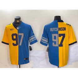 Men Detroit Lions 97 Aidan Hutchinson Yellow Blue Split Vapor Limited Stitched Jersey