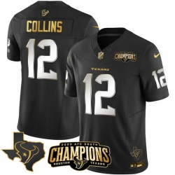 Men Houston Texans 12 Nico Collins Black Golden 2023 F U S E  With AFC South Champions Patch And Team Logo Patch Limited Stitched Football Jersey