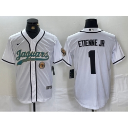 Men Jacksonville Jaguars 1 Travis Etienne Jr  White With Patch Cool Base Stitched Baseball Jersey 1