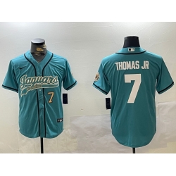 Men Jacksonville Jaguars 7 Brian Thomas Jr Teal With Patch Cool Base Stitched Baseball Jersey 1