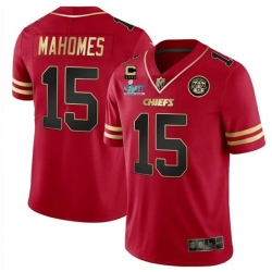 Men Kansas City Chiefs 15 Patrick Mahomes Red GoldSuper Bowl LVII Patch And 4 Star C Patch Vapor Untouchable Limited Stitched Jersey