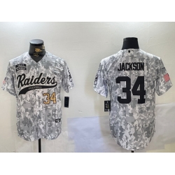 Men Las Vegas Raiders 34 Bo Jackson 2024 Arctic Camo Salute To Service Stitched Baseball Jersey 1