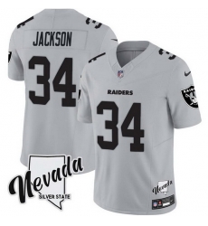 Men Las Vegas Raiders 34 Bo Jackson Grey F U S E With Nevada Silver Stat Patch Vapor Stitched Football Jersey Men Las Vegas Raiders 34 Bo Jackson Grey F U S E With Nevada Silver Stat Patch Vapor Stitched Football Jersey
