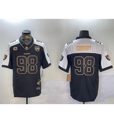 Men Las Vegas Raiders 98 Maxx Crosby Black Gold F U S E  With Nevada Silver Stat Patch And 65th Anniversary Patch 4 Star C Patch Limited Stitched Football 