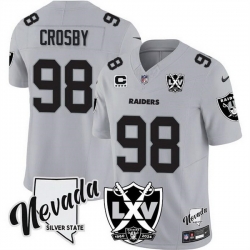 Men Las Vegas Raiders 98 Maxx Crosby Grey 2024 F U S E With Nevada Silver Stat Patch And 65th Anniversary Patch 4 Star C Patch Stitched Football Jersey