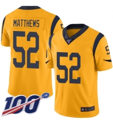 Youth Rams 52 Clay Matthews Gold Stitched Football Limited Rush 100th Season Jersey