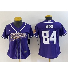 Women Minnesota Vikings 84 Randy Moss Purple With Patch Cool Base Stitched Baseball Jersey  Run Small