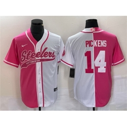 Men Pittsburgh Steelers 14 George Pickens White Pink Split Cool Base Stitched Baseball Jersey Men Pittsburgh Steelers 14 George Pickens White Pink Split Cool Base Stitched Baseball Jersey