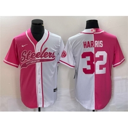 Men Pittsburgh Steelers 32 Franco Harris White Pink Split Cool Base Stitched Baseball Jersey Men Pittsburgh Steelers 32 Franco Harris White Pink Split Cool Base Stitched Baseball Jersey