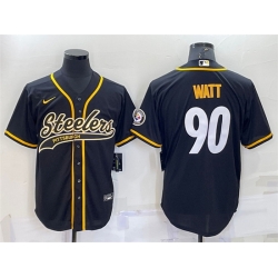 Men Pittsburgh Steelers 90 T J  Watt Black With Patch Cool Base Stitched Baseball Jersey Men Pittsburgh Steelers 90 T J  Watt Black With Patch Cool Base Stitched Baseball Jersey