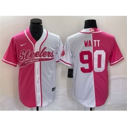 Men Pittsburgh Steelers 90 T J  Watt White Pink Split Cool Base Stitched Baseball Jersey Men Pittsburgh Steelers 90 T J  Watt White Pink Split Cool Base Stitched Baseball Jersey