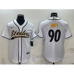 Men Pittsburgh Steelers 90 T J  Watt White With Patch Cool Base Stitched Baseball Jersey Men Pittsburgh Steelers 90 T J  Watt White With Patch Cool Base Stitched Baseball Jersey