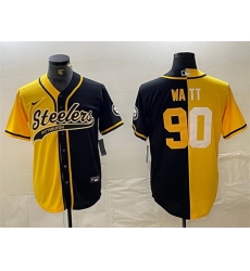 Men Pittsburgh Steelers 90 T  J  Watt Yellow Black Split With Patch Cool Base Stitched Baseball Jersey