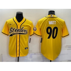 Men Pittsburgh Steelers 90 T J  Watt Yellow With Patch Cool Base Stitched Baseball Jersey Men Pittsburgh Steelers 90 T J  Watt Yellow With Patch Cool Base Stitched Baseball Jersey