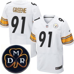 Men's Nike Pittsburgh Steelers #91 Kevin Greene White Stitched NFL Elite MDR Dan Rooney Patch Jersey Men's Nike Pittsburgh Steelers #91 Kevin Greene White Stitched NFL Elite MDR Dan Rooney Patch Jersey