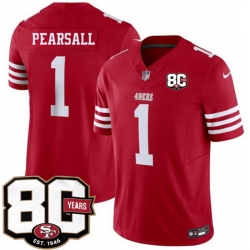 Men San Francisco 49ers  1 Ricky Pearsall Red 80th Anniversary Patch 2026 F U S E  Vapor Untouchabl2026 F U S E  Vapor Untouchable Limited Stitched Footbal