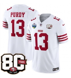 Men San Francisco 49ers 13 Brock Purdy White 80th Anniversary And Melbourne Game Patch 2026 F U S E Vapor Untouchable Limited Stitched Football Jersey