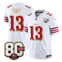 Men San Francisco 49ers  13 Brock Purdy White Gold 80th Anniversary Patch  Rivalries  2026 F U S E  Vapor Untouchabl Limited Stitched Football Jersey