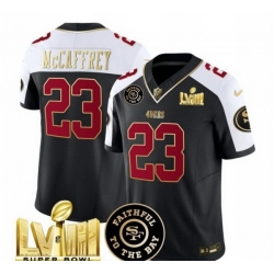 Men San Francisco 49ers 23 Christian McCaffrey Black White 2024 F U S E  Super Bowl LVIII Patch Alternate Vapor Limited Stitched Football Jersey