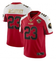 Men San Francisco 49ers 23 Christian McCaffrey Red Gold With 75th Patch Vapor Limited Stitched Football Jersey