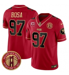 Men San Francisco 49ers 97 Nick Bosa Red F U S E  Golden Gate Bridge With 1 Star C Patch Scarlet Vapor Limited Stitched Football Jersey