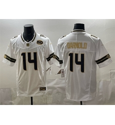 Men Seattle Seahawks  14 Sam Darnold White Gold 2025 F U S E  50th Season Patch Vapor Limited Stitched Football Jersey