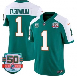 Men Miami Dolphins 1 Tua Tagovailoa Aqua White 2023 F U S E With 1 Star C Patch And 50th Perfect Season Patch Vapor Limited Stitched Football Jersey