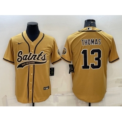 Men New Orleans Saints 13 Michael Thomas Gold With Patch Cool Base Stitched Baseball Jersey Men New Orleans Saints 13 Michael Thomas Gold With Patch Cool Base Stitched Baseball Jersey