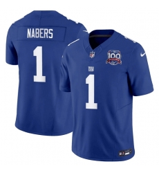 Men New York Giants 1 Malik Nabers Blue 2024 Draft F U S E  100TH Season Patch Vapor Untouchable Limited Stitched Jersey