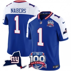 Men New York Giants 1 Malik Nabers Royal 2024 F U S E 100th Season And State Patch Vapor Limited Alternate Stitched Football Jersey