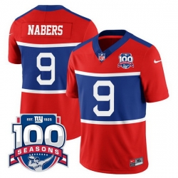 Men New York Giants 9 Malik Nabers Century Red 2024 Draft 100TH Season Commemorative Patch Limited Stitched Football Jersey