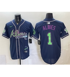 Men Atlanta Braves 1 Ozzie Albies Navy Galaxy With Outkast Patch Vapor Limited Stitched Baseball Jersey Men Atlanta Braves 1 Ozzie Albies Navy Galaxy With Outkast Patch Vapor Limited Stitched Baseball Jersey