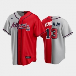 Men Atlanta Braves 13 Ronald Acuna Jr  Gray Red Split Cool Base Stitched Baseball Jersey